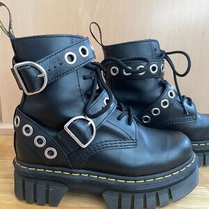 Dr. Martens Audrick Hardware Leather Black Buckle Grommet Platform Boots